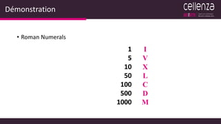 Démonstration
• Roman Numerals
1
5
10
50
100
500
1000
I
V
X
L
C
D
M
 