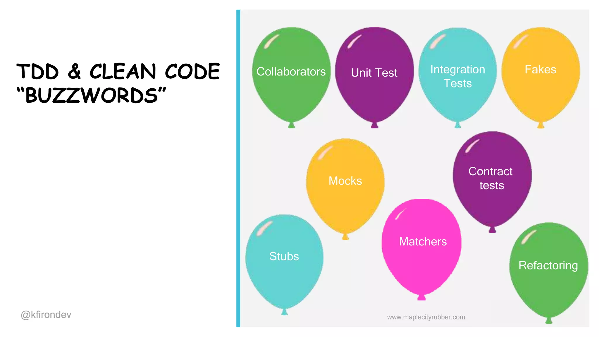 @kfirondev@kfirondev Unit Test FakesCollaborators Stubs Matchers Integration Tests Mocks Contract tests www.maplecityrubber.com TDD & CLEAN CODE “BUZZWORDS” Refactoring 