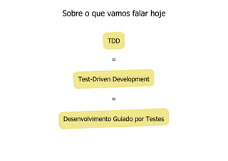 Sobre o que vamos falar hoje


              TDD

               =


    Test-Driven Development


               =


Desenvolvimento Guiado por Testes
 