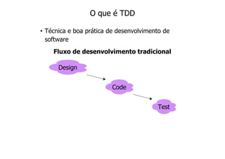 O que é TDD

• Técnica e boa prática de desenvolvimento de
  software
    Fluxo de desenvolvimento tradicional

      Design


                         Code


                                        Test
 