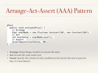 Arrange-Act-Assert (AAA) Pattern
• Arrange: Setup things needed to execute the tests
• Act: Invoke the code under test
• Assert: Specify the criteria for the condition to be met for the test to pass (or
else, it is test failure)
@Test
public void evaluatePlus() {
// Arrange
Expr exprNode = new Plus(new Constant(10), new Constant(20));
// Act
int evalValue = exprNode.eval();
// Assert
assertEquals(evalValue, 30);
}
 
