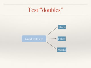 Test “doubles”
Good tests are
Stubs
Mocks
Fakes
 