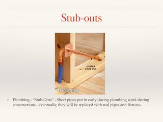 Stub-outs
❖ Plumbing - “Stub-Outs” - Short pipes put in early during plumbing work during
constructions - eventually, they will be replaced with real pipes and ﬁxtures.
 