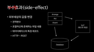 부수효과(side-effect)
• 외부세상의 값을 변경
• 전역변수
• 로컬머신에 존재하는 파일 내용
• 데이터베이스의 특정 레코드
• HTTP - POST
장애물2
Arrange
Act
Assert
SUT
(테스트 대상)
Database
 