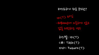 외부세상에 의존하지 않고
값을 리턴하는 경우
테스트하기 쉬운 코드란?
하스켈: IO<T>
C#: Task<T>
자바: Future<T>
 