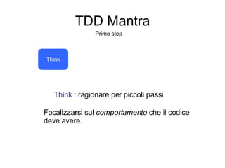 TDD Mantra Primo step Think Think  : ragionare per piccoli passi Focalizzarsi sul  comportamento  che il codice deve avere. 