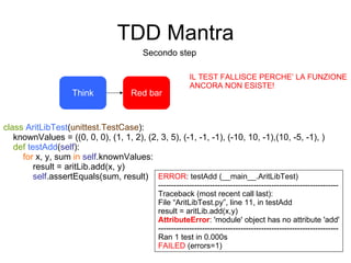 TDD Mantra Secondo step Think ERROR : testAdd (__main__.AritLibTest) ---------------------------------------------------------------------- Traceback (most recent call last): File “AritLibTest.py”, line 11, in testAdd result = aritLib.add(x,y) AttributeError : 'module' object has no attribute 'add' ---------------------------------------------------------------------- Ran 1 test in 0.000s FAILED  (errors=1) Red bar class   AritLibTest ( unittest.TestCase ): knownValues = ((0, 0, 0), (1, 1, 2), (2, 3, 5), (-1, -1, -1), (-10, 10, -1),(10, -5, -1), ) def   testAdd ( self ): for  x, y, sum  in   self .knownValues: result = aritLib.add(x, y) self .assertEquals(sum, result) IL TEST FALLISCE PERCHE’ LA FUNZIONE ANCORA NON ESISTE! 