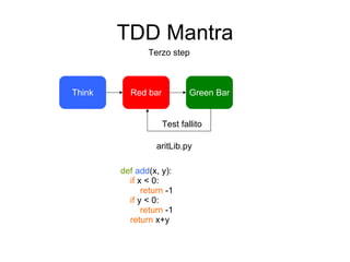 TDD Mantra Terzo step Think Red bar Green Bar Test fallito aritLib.py def   add (x, y): if  x < 0: return  -1 if  y < 0: return  -1 return  x+y 