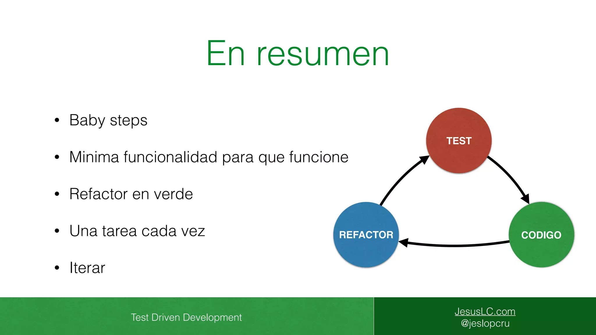 Test Driven Development
JesusLC.com
@jeslopcru
En resumen
• Baby steps
• Minima funcionalidad para que funcione
• Refactor en verde
• Una tarea cada vez
• Iterar
CODIGO
TEST
REFACTOR
 