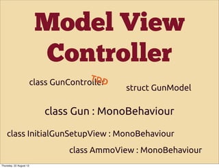 class InitialGunSetupView : MonoBehaviour
Model View
Controller
class Gun : MonoBehaviour
class GunController
class AmmoView : MonoBehaviour
struct GunModel
TDD
Thursday, 22 August 13
 
