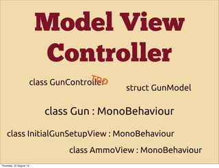 class InitialGunSetupView : MonoBehaviour
Model View
Controller
class Gun : MonoBehaviour
class GunController
class AmmoVi...