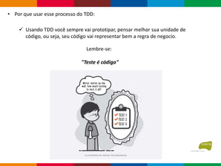  Usando TDD você sempre vai prototipar, pensar melhor sua unidade de
código, ou seja, seu código vai representar bem a regra de negocio.
• Por que usar esse processo do TDD:
Lembre-se:
"Teste é código"
 