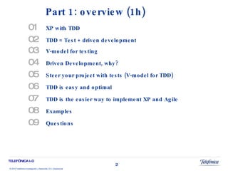 01 XP with TDD 02 TDD = Test + driven development   03 V-model for testing   04 Driven Development, why? 05 Steer your project with tests (V-model for TDD) 06 TDD is easy and optimal 07 TDD is the easier way to implement XP and Agile 08 Examples 09 Questions Part 1: overview (1h) 