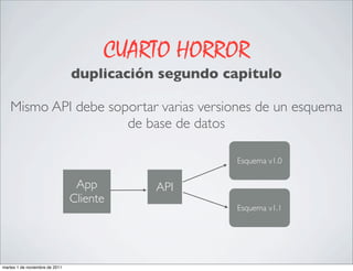 CUARTO HORROR
                                duplicación segundo capitulo

   Mismo API debe soportar varias versiones de un esquema
                     de base de datos

                                                      Esquema v1.0


                                 App       API
                                Cliente
                                                      Esquema v1.1




martes 1 de noviembre de 2011
 