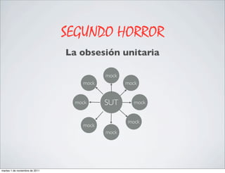 SEGUNDO HORROR
                                La obsesión unitaria

                                           mock
                                    mock          mock


                                  mock     SUT       mock


                                                  mock
                                    mock
                                           mock




martes 1 de noviembre de 2011
 