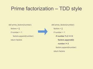 Prime factorization – TDD style
def prime_factors(number):
factors = []
if number > 1:
factors.append(number)
return factors
def prime_factors(number):
factors = []
if number > 1:
if number % 2 == 0:
factors.append(2)
number /= 2
factors.append(number)
return factors
 