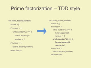Prime factorization – TDD style
def prime_factors(number):
factors = []
if number > 1:
while number % 2 == 0:
factors.append(2)
number /= 2
if number > 1:
factors.append(number)
return factors
def prime_factors(number):
factors = []
if number > 1:
while number % 2 == 0:
factors.append(2)
number /= 2
while number % 3 == 0:
factors.append(3)
number /= 3
if number > 1:
factors.append(number)
return factors
 