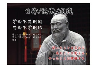 自律/協働/実践
学而不思則罔
思而不学則殆
学びて思はざれば、則ち罔し。
思ひて学ばざれば、則ち殆し。
孔子


                  聞いたことは忘れる
                   見たことは覚える
                 やったことは理解する
 