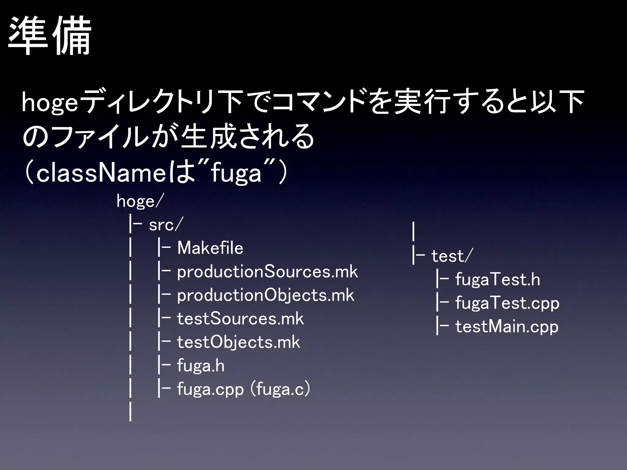 準備
hogeディレクトリ下でコマンドを実行すると以下
のファイルが生成される
（classNameは"fuga"）
hoge/
|- src/
| |- Makefile
| |- productionSources.mk
| |- productionObjects.mk
| |- testSources.mk
| |- testObjects.mk
| |- fuga.h
| |- fuga.cpp (fuga.c)
|

|
|- test/
|- fugaTest.h
|- fugaTest.cpp
|- testMain.cpp

 