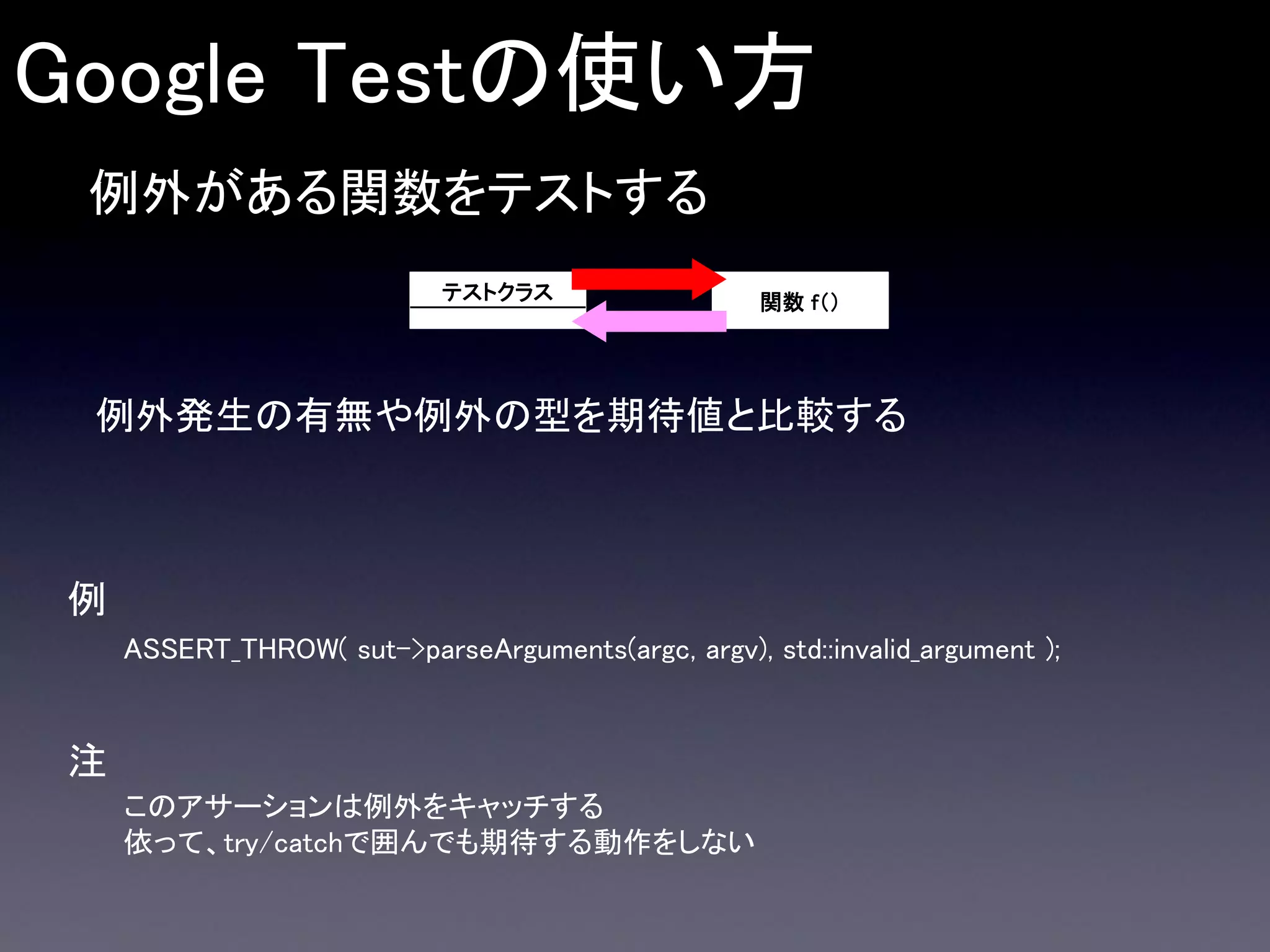 Google Testの使い方
例外がある関数をテストする
テストクラス

関数 f（）

例外発生の有無や例外の型を期待値と比較する

例
ASSERT_THROW( sut->parseArguments(argc, argv), std::invalid_argument );

注
このアサーションは例外をキャッチする
依って、try/catchで囲んでも期待する動作をしない

 