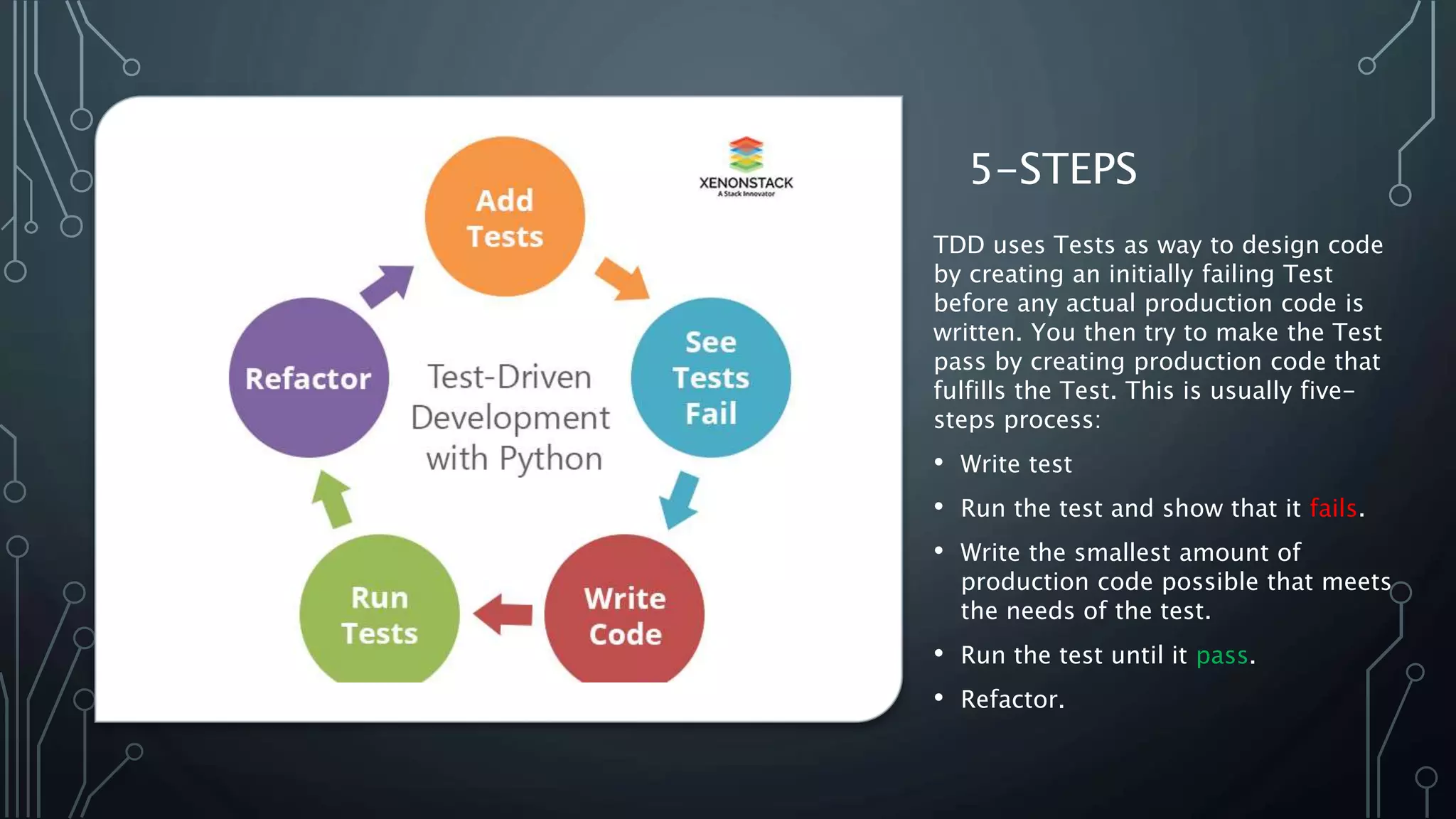 5-STEPS
TDD uses Tests as way to design code
by creating an initially failing Test
before any actual production code is
written. You then try to make the Test
pass by creating production code that
fulfills the Test. This is usually five-
steps process:
• Write test
• Run the test and show that it fails.
• Write the smallest amount of
production code possible that meets
the needs of the test.
• Run the test until it pass.
• Refactor.
 