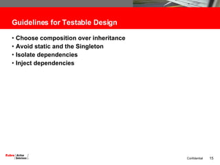 Guidelines for Testable Design Choose composition over inheritance Avoid static and the Singleton Isolate dependencies Inject dependencies 