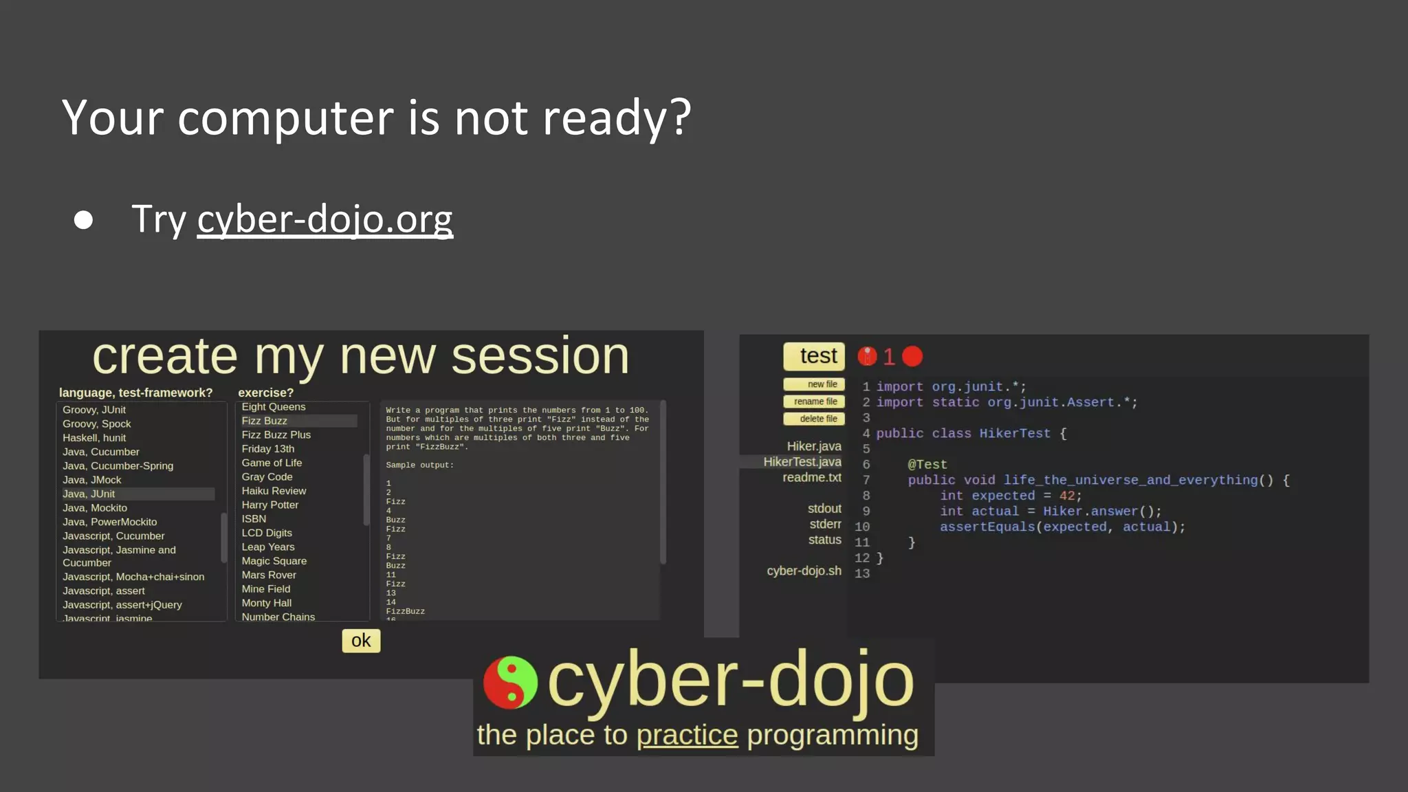 Your computer is not ready?
● Try cyber-dojo.org
 