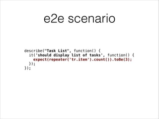 e2e scenario
describe("Task List", function() {
it('should display list of tasks', function() {
expect(repeater('tr.item').count()).toBe(3);
});
});
 