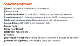 ({}–>nil) no code at all->code that employs nil
(nil->constant)
(constant->constant+) a simple constant to a more complex ...
