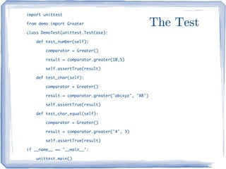 import unittest

from demo import Greater                              The Test
class DemoTest(unittest.TestCase):

    def test_number(self):

        comparator = Greater()

        result = comparator.greater(10,5)

        self.assertTrue(result)

    def test_char(self):

        comparator = Greater()

        result = comparator.greater('abcxyz', 'AB')

        self.assertTrue(result)

    def test_char_equal(self):

        comparator = Greater()

        result = comparator.greater('4', 3)

        self.assertTrue(result)

if __name__ == '__main__':

    unittest.main()
 