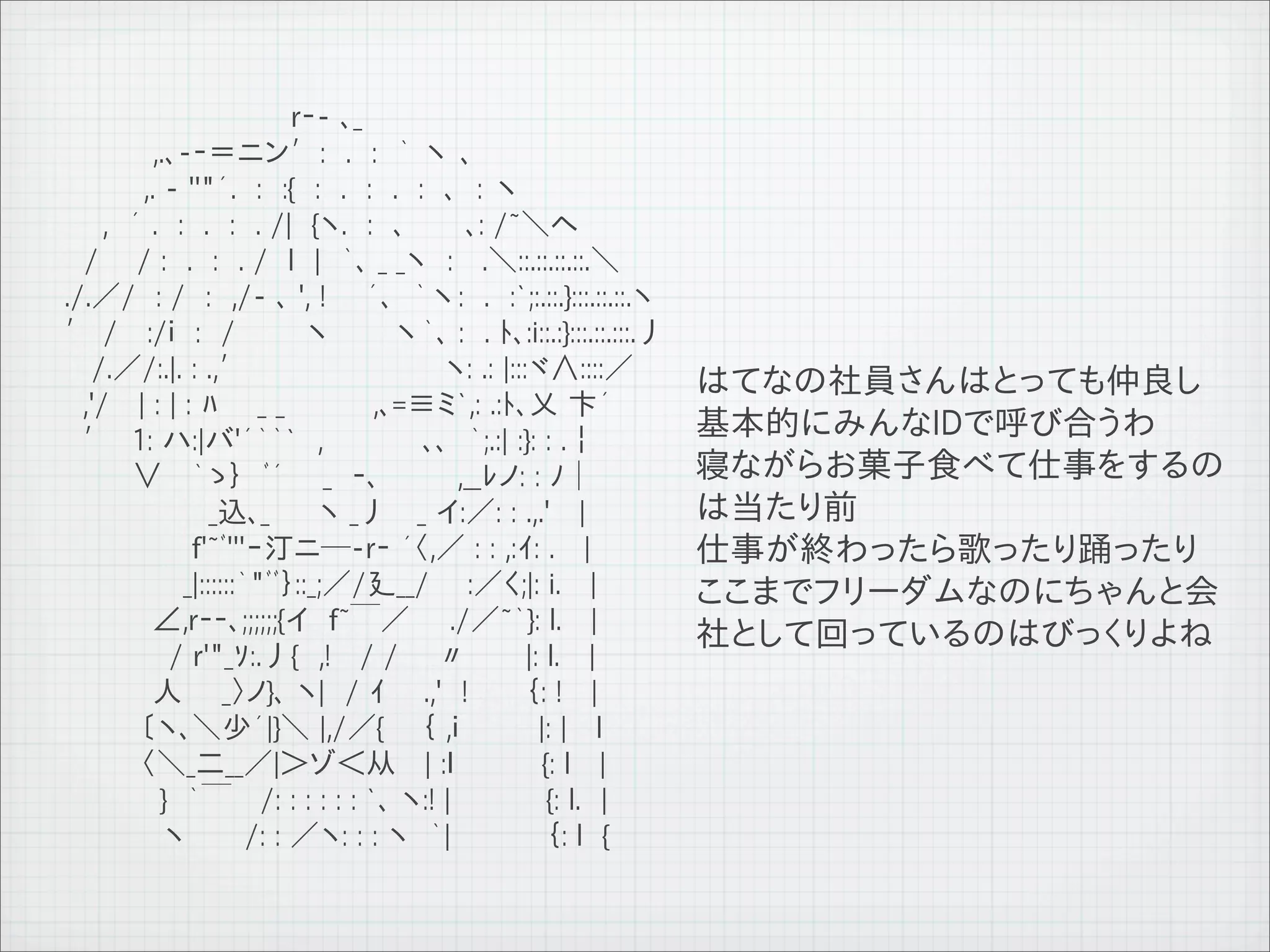 　　　　　　 　　　　　　　　r‐- ､_
　　　　　　 　,.､-‐＝ニン′:　.　:　｀ 丶 ､
　　　　　　　,. - ''"´.　:　:{　:　.　:　.　:　､　: 丶
　　 　 　,　´ .　:　.　:　. /|　{ヽ.　:　､　　　､: /~＼ヘ
　　　　/ 　 / :　.　:　. /　l　|　｀､ _ _ヽ　:　 .＼::.::.::.::.＼
　　　./.／/　: /　:　,/- ､ ', !　　´､　｀丶:　.　:`;:.::.}:::.::.::.ヽ
　　　′ / 　:/ｉ　:　/ 　 　 丶　　　丶｀､ :　. ﾄ､:i::.:}:::.::.:::.丿
　 　 　 /.／/:.|. : .,′　　　　　　　 　 　ヽ: .: |:::ヾ∧::::／           はてなの社員さんはとっても仲良し
　 　 　,'/　 | : | : ﾊ 　 _ _ 　　　　,､=≡ミ`,: .:ﾄ､乂 卞´
                                                           基本的にみんなIDで呼び合うわ
　　 　 ′　1: ハ:|バ'´｀｀`　,　　　　　､､　｀;.:| :}: : .￤
　　　　　 　∨ 　｀ゝ｝　ﾞ´ 　 _　‐､　 　 　,__ﾚノ: : ﾉ│                    寝ながらお菓子食べて仕事をするの
　　　　 　 　 　 　 _込､_　 　ヽ _丿 　_ イ:／: : .,.'　 |                 は当たり前
　　　　　　　　　 f'~ﾞ'''ｰ汀ニ─-r‐ ´〈,／ : : ,:ｲ: . 　|                仕事が終わったら歌ったり踊ったり
　　　　　　　　　_|::::::｀"ﾞﾞ｝::_;／/廴__/ 　 :／く;|: i. 　|            ここまでフリーダムなのにちゃんと会
　　　　　　　 ∠,r‐‐､;;;;;;{イ　f~￣／　　./／~｀}: l. 　|
　　 　 　 　 　 / r'"_ｿ:.丿{　,!　 / / 　 〃　　　|: l.　 |              社として回っているのはびっくりよね
　　　　　　　 人　　_〉ノ}､ ヽ|　/ ｲ 　 .,'　! 　 　｛: !　 |
　　　　　 　 〔ヽ､＼少´|}＼ |,/／{ 　 ｛ ,ｉ　　　　|: |　 l
　　　 　 　　〈＼_二__／|＞ゾ＜从　 | :ｌ 　　　　{: l　 |
　　 　 　 　 　}　｀￣　 /: : : : : : `､ ヽ:! | 　 　 　 {: l.　|
　　　　　　　　ヽ　　　/: : ／ヽ: : : ヽ　｀| 　 　 　 ｛: l　{



11   9   26
 