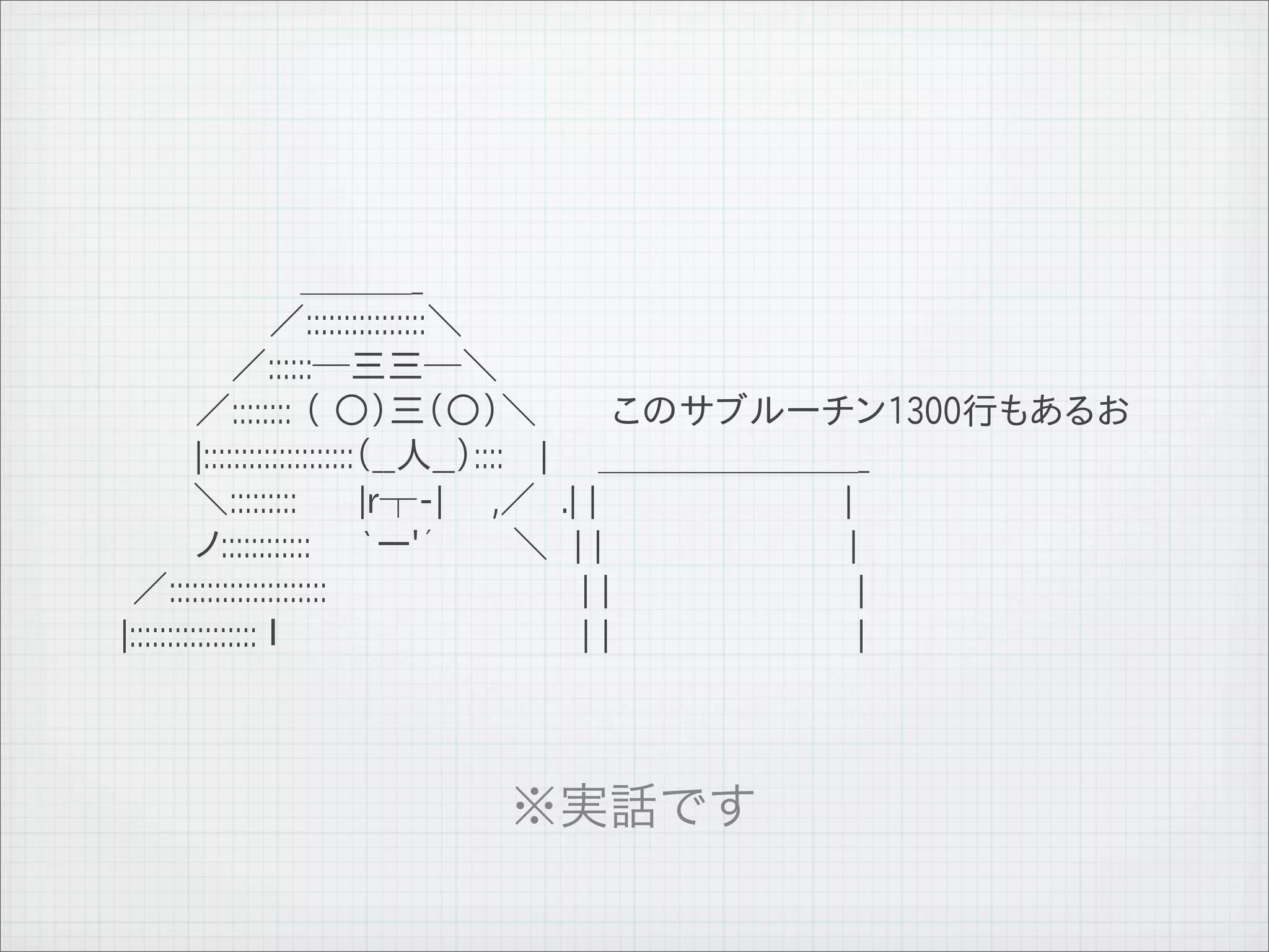 　 　 　　 　 　 ＿＿＿_
              　　　　　　　／::::::::::::::::＼
              　　　　 　／::::::─三三─＼
              　　　　／:::::::: （ ○）三（○）＼　　　このサブルーチン1300行もあるお
              　　　　|::::::::::::::::::::（__人__）:::: 　|　　＿＿＿＿＿＿＿_
              　 　　 ＼:::::::::　 　|r┬-| 　 ,／　.| |　　　　　　　　　　|
              　　　　ノ::::::::::::　　`ー'´　　　＼　| |　　　　　　　　　　| 　
              　 ／:::::::::::::::::::::　　 　 　 　　 　　 | |　　　　　　　　　　| 　
              　|::::::::::::::::: ｌ 　　 　 　 　 　　　　　| |　　　　　　　　　　|




11   9   26
 