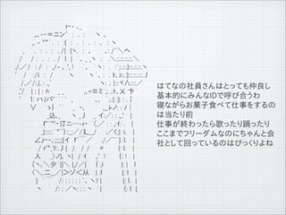 　　　　　　 　　　　　　　　r‐- ､_
　　　　　　 　,.､-‐＝ニン&prime;:　.　:　｀ 丶 ､
　　　　　　　,. - ''"&acute;.　:　:{　:　.　:　.　:　､　: 丶
　　 　 　,　&acute; .　:　.　:　. /|　{ヽ.　:　､　　　､: /~＼ヘ
　　　　/ 　 / :　.　:　. /　l　|　｀､ _ _ヽ　:　 .＼::.::.::.::.＼
　　　./.／/　: /　:　,/- ､ ', !　　&acute;､　｀丶:　.　:`;:.::.}:::.::.::.ヽ
　　　&prime; / 　:/ｉ　:　/ 　 　 丶　　　丶｀､ :　. ﾄ､:i::.:}:::.::.:::.丿
　 　 　 /.／/:.|. : .,&prime;　　　　　　　 　 　ヽ: .: |:::ヾ&and;::::／           はてなの社員さんはとっても仲良し
　 　 　,'/　 | : | : ﾊ 　 _ _ 　　　　,､=&equiv;ミ`,: .:ﾄ､乂 卞&acute;
                                                           基本的にみんなIDで呼び合うわ
　　 　 &prime;　1: ハ:|バ'&acute;｀｀`　,　　　　　､､　｀;.:| :}: : .￤
　　　　　 　&or; 　｀ゝ｝　ﾞ&acute; 　 _　‐､　 　 　,__ﾚノ: : ﾉ│                    寝ながらお菓子食べて仕事をするの
　　　　 　 　 　 　 _込､_　 　ヽ _丿 　_ イ:／: : .,.'　 |                 は当たり前
　　　　　　　　　 f'~ﾞ'''ｰ汀ニ─-r‐ &acute;〈,／ : : ,:ｲ: . 　|                仕事が終わったら歌ったり踊ったり
　　　　　　　　　_|::::::｀"ﾞﾞ｝::_;／/廴__/ 　 :／く;|: i. 　|            ここまでフリーダムなのにちゃんと会
　　　　　　　 &ang;,r‐‐､;;;;;;{イ　f~￣／　　./／~｀}: l. 　|
　　 　 　 　 　 / r'"_ｿ:.丿{　,!　 / / 　 〃　　　|: l.　 |              社として回っているのはびっくりよね
　　　　　　　 人　　_〉ノ}､ ヽ|　/ ｲ 　 .,'　! 　 　｛: !　 |
　　　　　 　 〔ヽ､＼少&acute;|}＼ |,/／{ 　 ｛ ,ｉ　　　　|: |　 l
　　　 　 　　〈＼_二__／|＞ゾ＜从　 | :ｌ 　　　　{: l　 |
　　 　 　 　 　}　｀￣　 /: : : : : : `､ ヽ:! | 　 　 　 {: l.　|
　　　　　　　　ヽ　　　/: : ／ヽ: : : ヽ　｀| 　 　 　 ｛: l　{



11   9   26
 