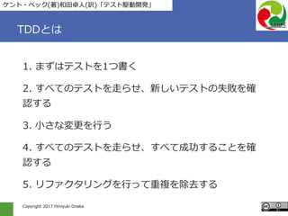 Copyright 2017 Hiroyuki Onaka
TDDとは
1. まずはテストを1つ書く
2. すべてのテストを走らせ、新しいテストの失敗を確
認する
3. 小さな変更を行う
4. すべてのテストを走らせ、すべて成功することを確
認する
5. リファクタリングを行って重複を除去する
ケント・ベック(著)和田卓人(訳)「テスト駆動開発」
 