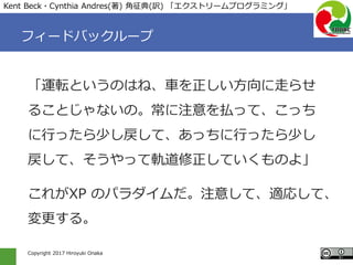 Copyright 2017 Hiroyuki Onaka
フィードバックループ
「運転というのはね、車を正しい方向に走らせ
ることじゃないの。常に注意を払って、こっち
に行ったら少し戻して、あっちに行ったら少し
戻して、そうやって軌道修正していくものよ」
これがXP のパラダイムだ。注意して、適応して、
変更する。
Kent Beck・Cynthia Andres(著) 角征典(訳) 「エクストリームプログラミング」
 