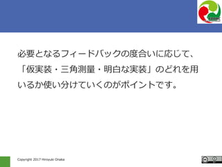 Copyright 2017 Hiroyuki Onaka
必要となるフィードバックの度合いに応じて、
「仮実装・三角測量・明白な実装」のどれを用
いるか使い分けていくのがポイントです。
 