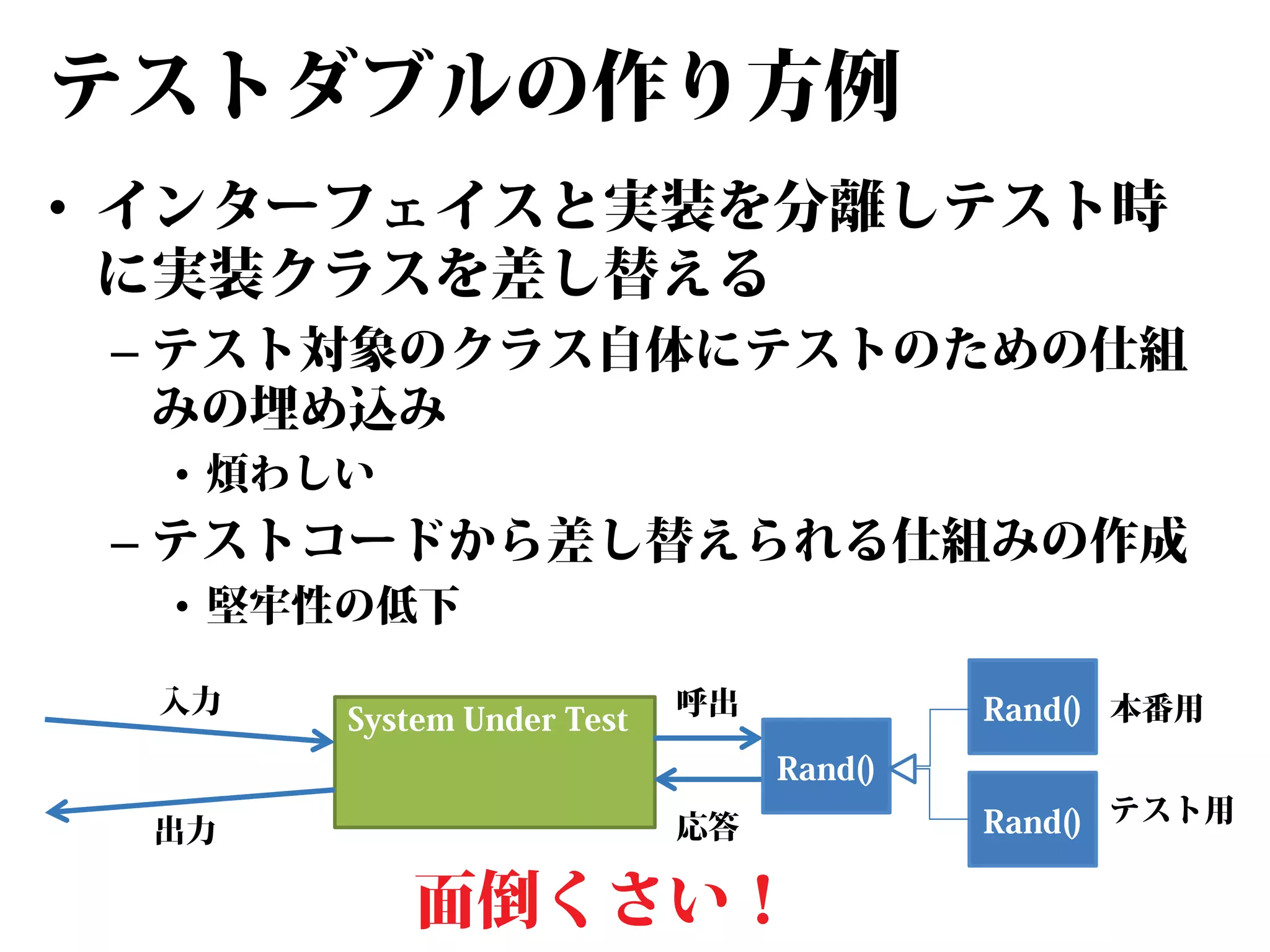 テストダブルの作り方例
• インターフェイスと実装を分離しテスト時
に実装クラスを差し替える
– テスト対象のクラス自体にテストのための仕組
みの埋め込み
• 煩わしい

– テストコードから差し替えられる仕組みの作成
• 堅牢性の低下

入力

System Under Test

呼出

Rand() 本番用
Rand()

出力

応答

面倒くさい！

Rand() テスト用

 