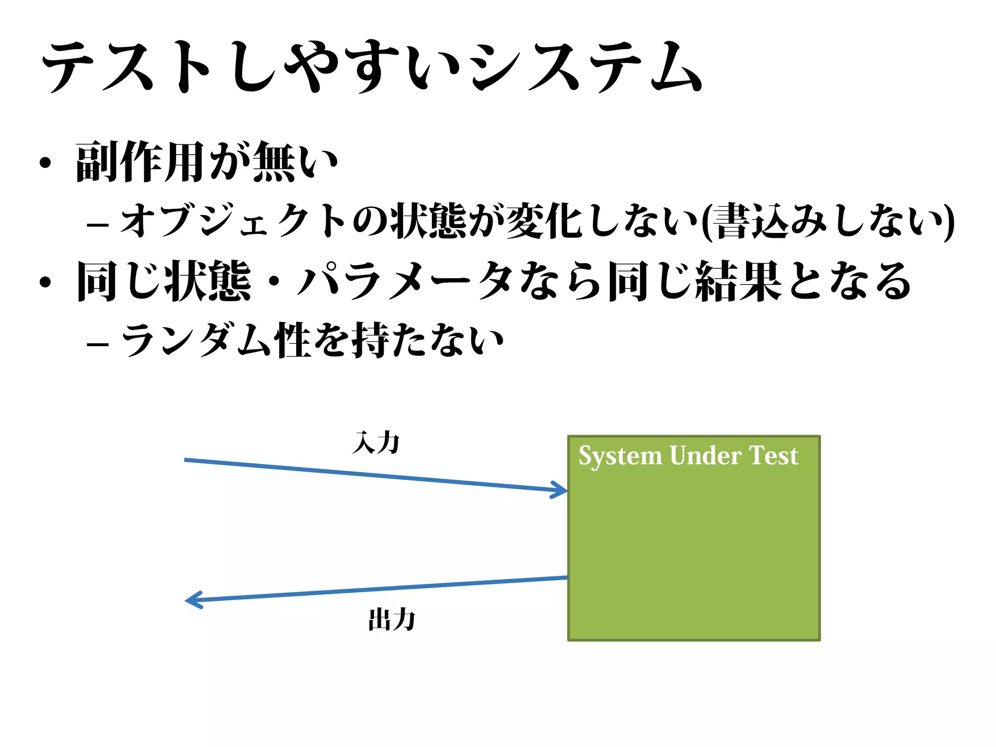 テストしやすいシステム
• 副作用が無い

– オブジェクトの状態が変化しない(書込みしない)

• 同じ状態・パラメータなら同じ結果となる
– ランダム性を持たない
入力

出力

System Under Test

 