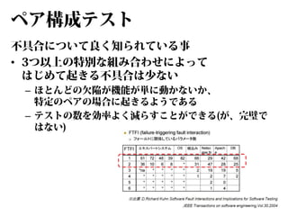 ペア構成テスト
不具合について良く知られている事
• 3つ以上の特別な組み合わせによって
はじめて起きる不具合は少ない
– ほとんどの欠陥が機能が単に動かないか、
特定のペアの場合に起きるようである
– テストの数を効率よく減らすことができる(が、完璧で
はない)

 