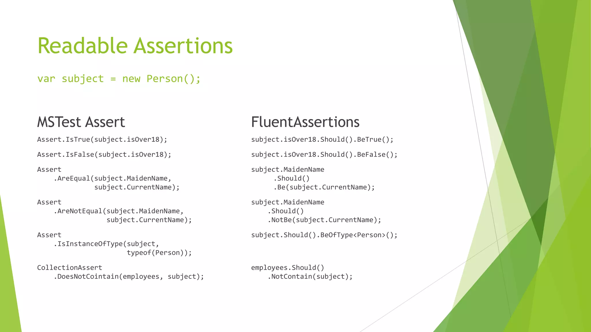 Readable Assertions
var subject = new Person();
MSTest Assert
Assert.IsTrue(subject.isOver18);
Assert.IsFalse(subject.isOver18);
Assert
.AreEqual(subject.MaidenName,
subject.CurrentName);
Assert
.AreNotEqual(subject.MaidenName,
subject.CurrentName);
Assert
.IsInstanceOfType(subject,
typeof(Person));
CollectionAssert
.DoesNotCointain(employees, subject);
FluentAssertions
subject.isOver18.Should().BeTrue();
subject.isOver18.Should().BeFalse();
subject.MaidenName
.Should()
.Be(subject.CurrentName);
subject.MaidenName
.Should()
.NotBe(subject.CurrentName);
subject.Should().BeOfType<Person>();
employees.Should()
.NotContain(subject);
 