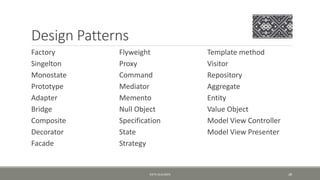 Design Patterns
Factory
Singelton
Monostate
Prototype
Adapter
Bridge
Composite
Decorator
Facade
Flyweight
Proxy
Command
Mediator
Memento
Null Object
Specification
State
Strategy
Template method
Visitor
Repository
Aggregate
Entity
Value Object
Model View Controller
Model View Presenter
KJETIL KLAUSSEN 28
 