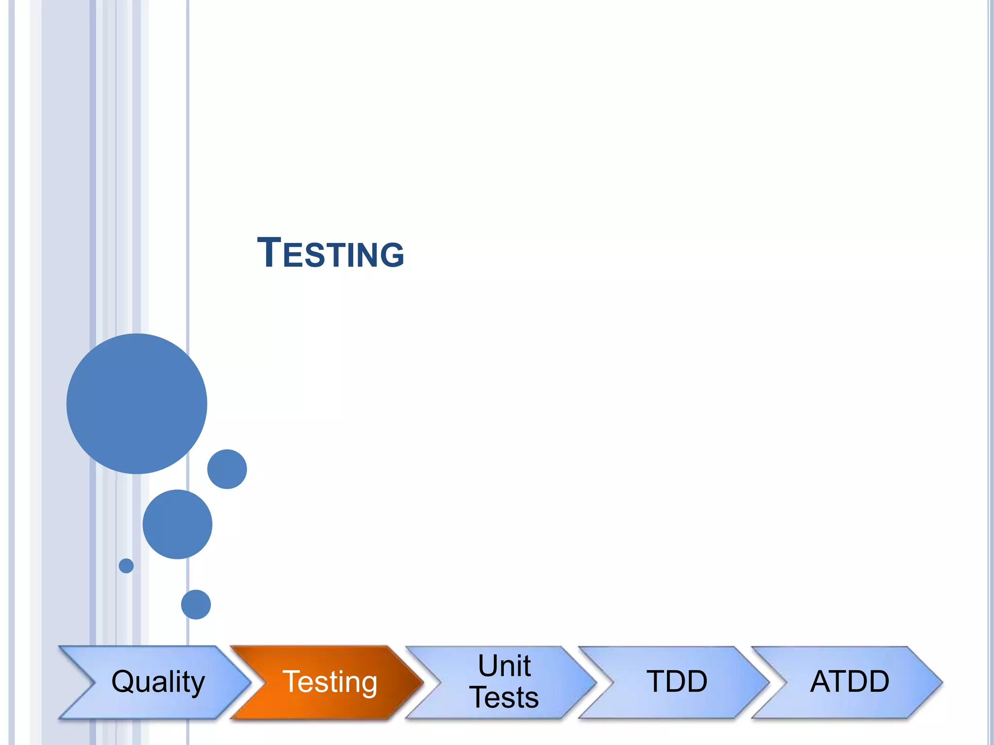 Quality Testing
Unit
Tests
TDD ATDD
TESTING
Testing
 