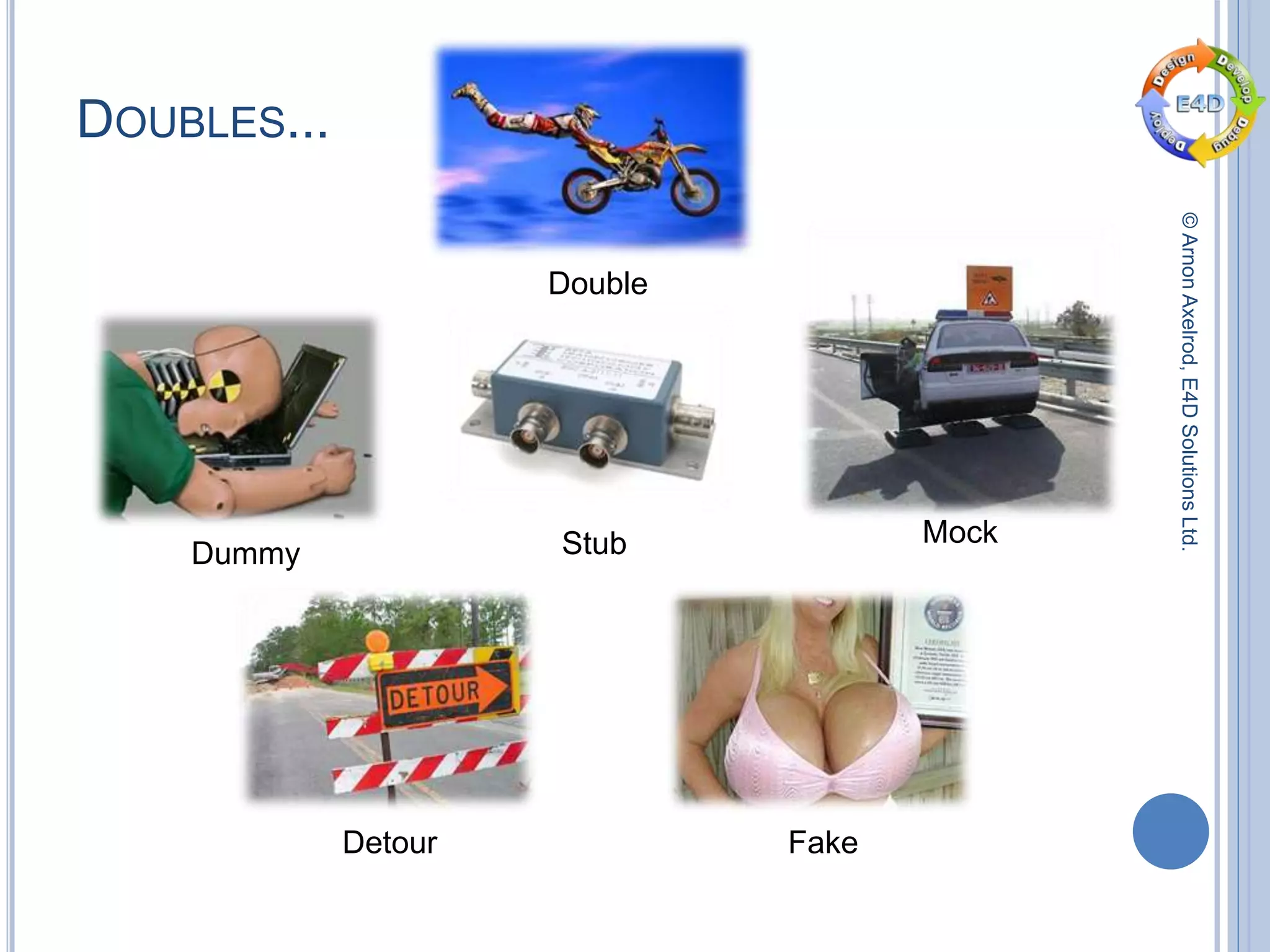 ©ArnonAxelrod,E4DSolutionsLtd.
DOUBLES...
Double
Fake
Dummy
MockStub
Detour
 