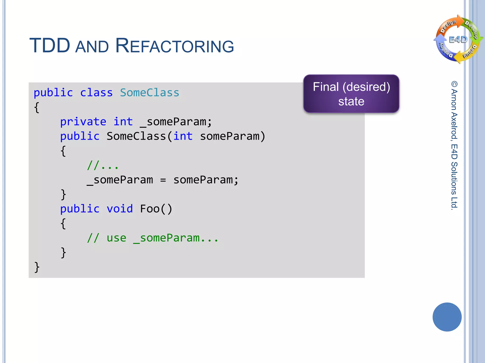 ©ArnonAxelrod,E4DSolutionsLtd.
TDD AND REFACTORING
public class SomeClass
{
private int _someParam;
public SomeClass(int someParam)
{
//...
_someParam = someParam;
}
public void Foo()
{
// use _someParam...
}
}
Final (desired)
state
 