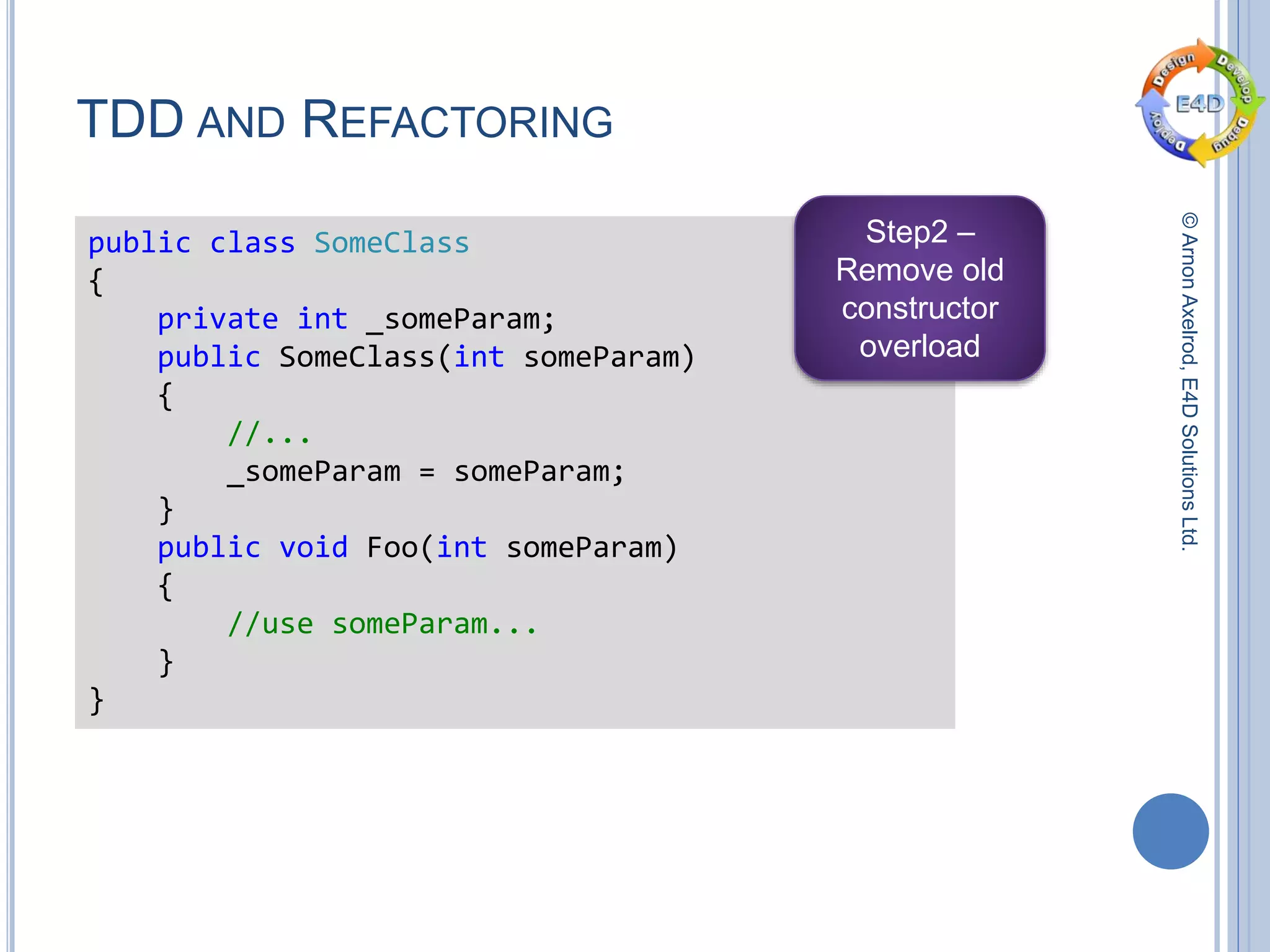 ©ArnonAxelrod,E4DSolutionsLtd.
TDD AND REFACTORING
public class SomeClass
{
private int _someParam;
public SomeClass(int someParam)
{
//...
_someParam = someParam;
}
public void Foo(int someParam)
{
//use someParam...
}
}
Step2 –
Remove old
constructor
overload
 