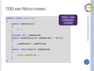 ©ArnonAxelrod,E4DSolutionsLtd.
TDD AND REFACTORING
public class SomeClass
{
public SomeClass()
{
//...
}
private int _someParam;
public SomeClass(int someParam) : this()
{
_someParam = someParam;
}
public void Foo(int someParam)
{
//use someParam...
}
}
Step1 – Add
constructor
overload
 
