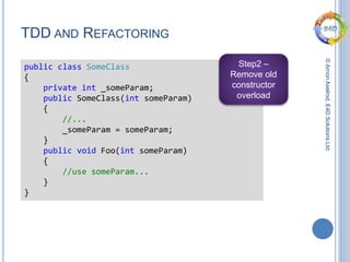 ©ArnonAxelrod,E4DSolutionsLtd.
TDD AND REFACTORING
public class SomeClass
{
private int _someParam;
public SomeClass(int someParam)
{
//...
_someParam = someParam;
}
public void Foo(int someParam)
{
//use someParam...
}
}
Step2 –
Remove old
constructor
overload
 