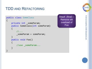 ©ArnonAxelrod,E4DSolutionsLtd.
TDD AND REFACTORING
public class SomeClass
{
private int _someParam;
public SomeClass(int someParam)
{
//...
_someParam = someParam;
}
public void Foo()
{
//use _someParam...
}
}
Step4 (final) –
Remove old
overload of
Foo
 