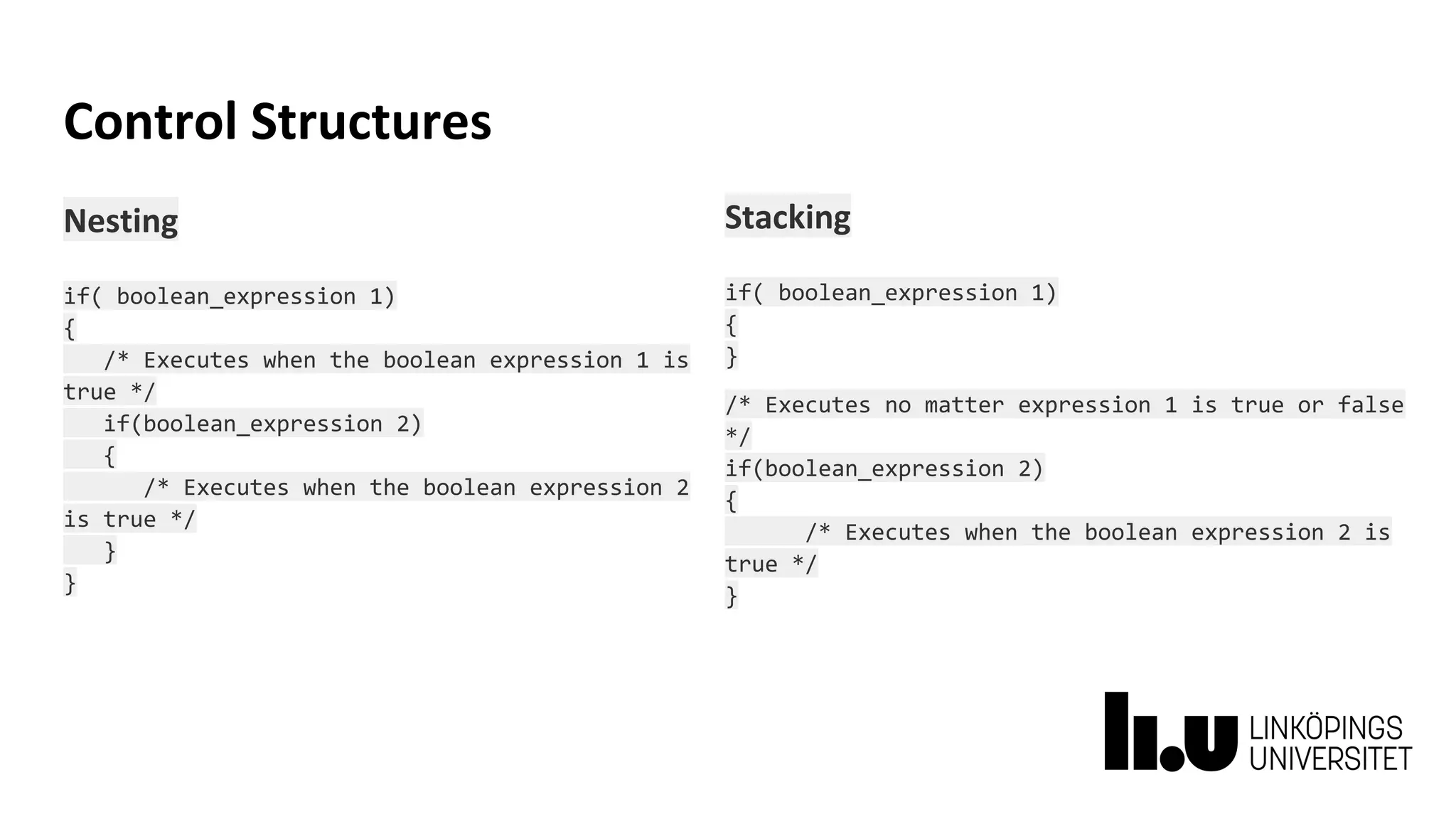 Control Structures
Nesting
if( boolean_expression 1)
{
/* Executes when the boolean expression 1 is
true */
if(boolean_expression 2)
{
/* Executes when the boolean expression 2
is true */
}
}
Stacking
if( boolean_expression 1)
{
}
/* Executes no matter expression 1 is true or false
*/
if(boolean_expression 2)
{
/* Executes when the boolean expression 2 is
true */
}
 