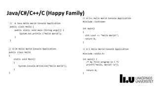 Java/C#/C++/C (Happy Family)
// A Java Hello World Console Application
public class Hello {
public static void main (String args[]) {
System.out.println ("Hello World");
}
}
// A C# Hello World Console Application.
public class Hello
{
static void Main()
{
System.Console.WriteLine("Hello World");
}
}
// A C++ Hello World Console Application
#include <iostream>
int main()
{
std::cout << "Hello World!";
return 0;
}
// A C Hello World Console Application
#include <stdio.h>
int main() {
/* my first program in C */
printf("Hello, World! n");
return 0;
}
 